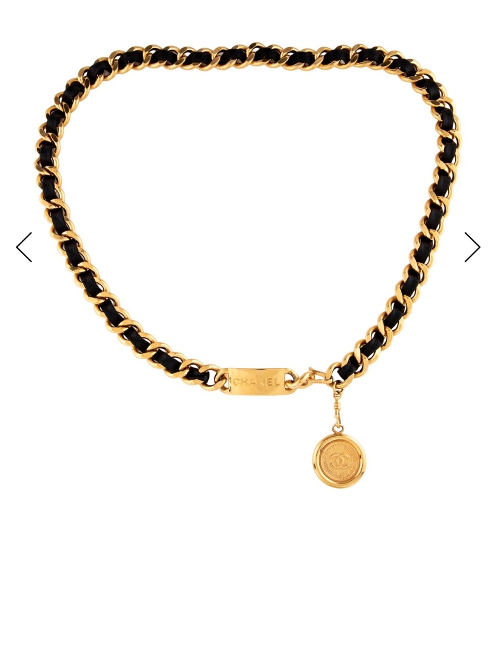 CHANEL Gold and Black Interlaced Chain Necklace with Medallion Charm